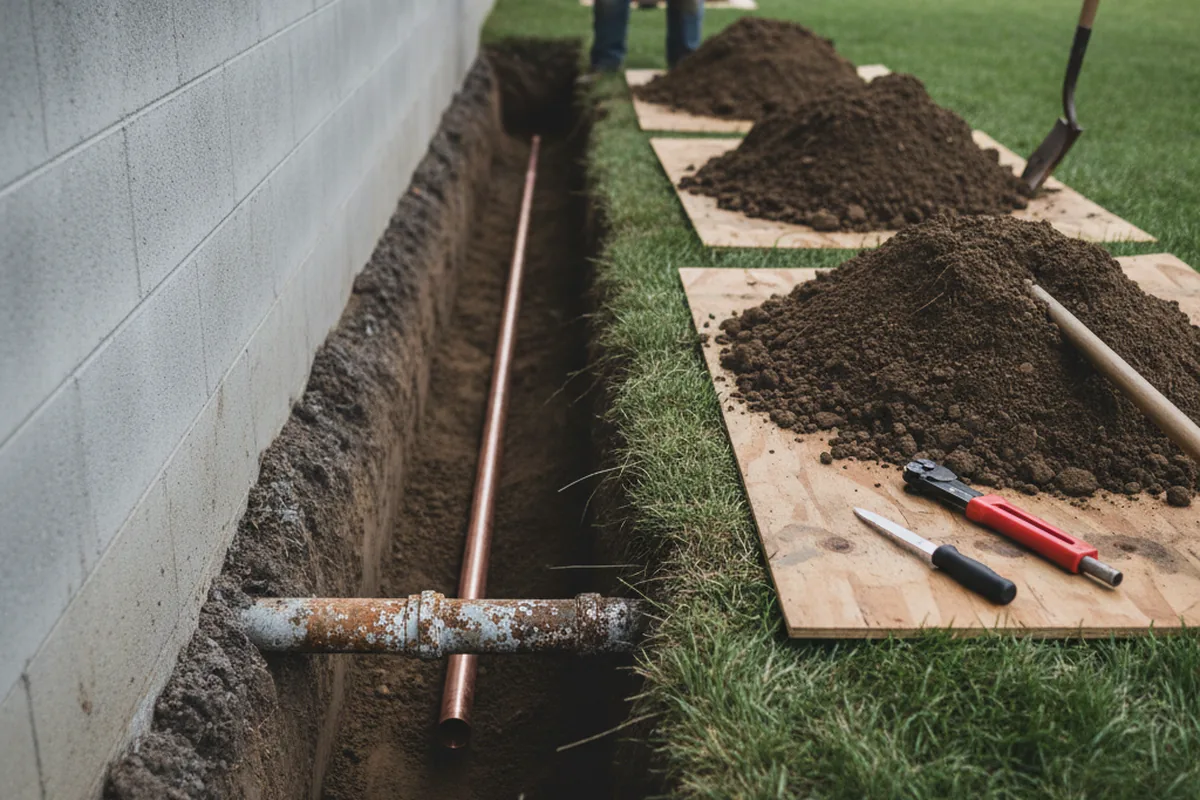 Excavated water line trench during Water Softener Installation in Topton